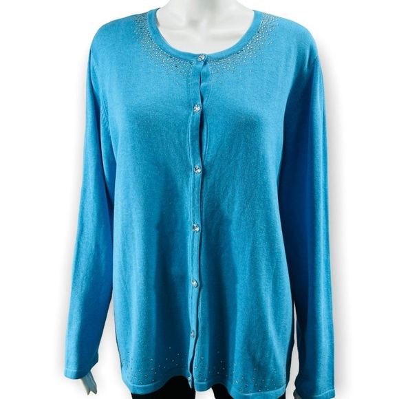 Quacker Factory Sweaters - 𝅺quacker Factory Sweater Womens Size Large Blue Cardigan Rhinestones Bling